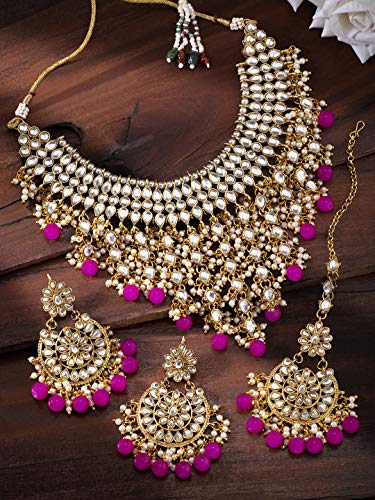 Aheli Elegant Indian Wedding Wear Faux Kundan Studded Choker Necklace with Maang Tikka Set Ethnic Fashion Jewelry for Women Maroon Kundan & Pearl Drop - color: Rani Pink