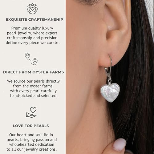 LILY LUSTRE 14k Gold Plated/Filled 925 Sterling Silver Handpicked AAAA Quality Natural White Freshwater Cultured Heart Shaped Pearl Huggie Hoop/Leverback Drop Dangle Earrings for Women - color: Silver Lever Back