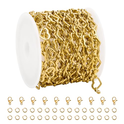 UMAOKANG 3 Meters Gold Plated Stainless Steel Chains for Jewelry Making Hollow Heart Chain Bulk on Spool with Jump Rings and Lobster Clasps - color: Heart Gold