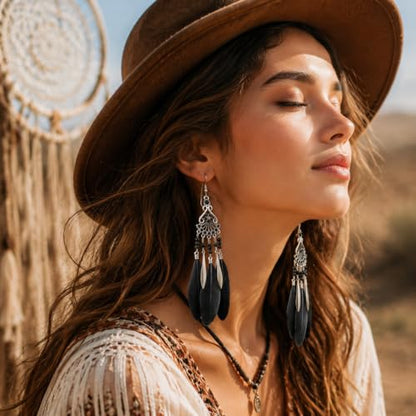 FRESHME Feather Earrings for Women - Native American Jewelry Boho Dangle Ethnic Indian Ear Drop for Music Festival Birthday - color: Black