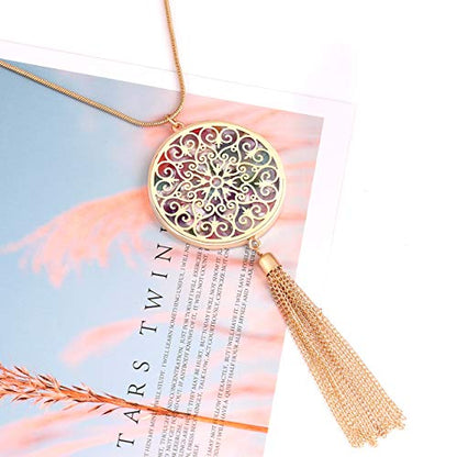 MOLOCH Long Necklaces For Woman Disk Circle Pendant Necklaces Tassel Fringe Necklace Set Statement Pendant - color: disk--gold-Floral