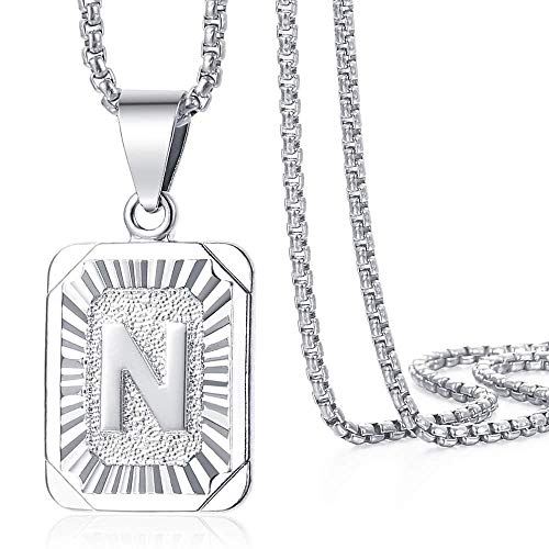Trendsmax Initial Letter Pendant Necklace Mens Womens Capital Letter White Gold Plated A Z Stainless Steel Box Chain 22inch - style: N