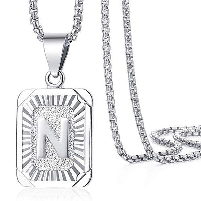 Trendsmax Initial Letter Pendant Necklace Mens Womens Capital Letter White Gold Plated A Z Stainless Steel Box Chain 22inch - style: N