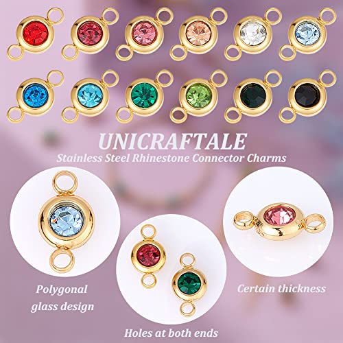 UNICRAFTALE 304 Stainless Steel Golden Rhinestone Connector Charm Flat Round Links Charms Double Loop Ring Charm Necklace Bracket Charms for Jewellery Making - color: 12 Color