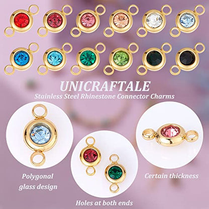 UNICRAFTALE 304 Stainless Steel Golden Rhinestone Connector Charm Flat Round Links Charms Double Loop Ring Charm Necklace Bracket Charms for Jewellery Making - color: 12 Color