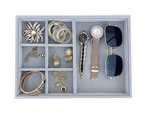 Gray Velvet Stackable Organizer Premium Quality Stackable Tray Halft 6 Grid and Half Open Multi Function Storage Drawer Divider Closet Inserts - size: 6 Grid Flat