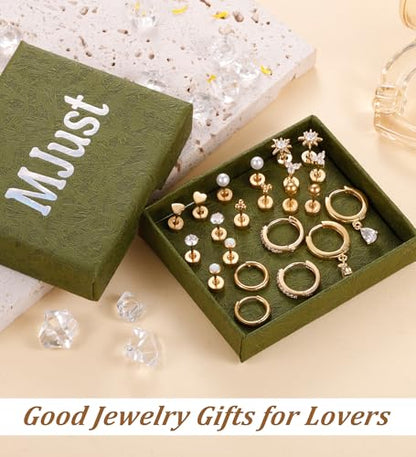 MJust 18 Pairs Earrings Set – Flat Back Stud Hypoallergenic 20G Steel stud | 18 Pairs Flat Back Earrings Set – Hypoallergenic 316L Steel Studs for Cartilage & Lobe Piercings - color: Golden-11P