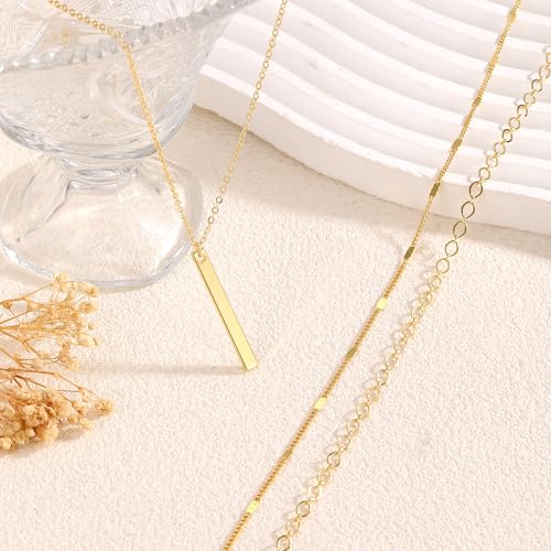 Gold Necklace for Women 14K Gold Plated Layered Cross Bar Necklace Herringbone Figaro Paperclip Flat Chain Cute Charm Accessories Non Tarnish Jewelry Set Gifts for Women - style: R-NK-07-Bar-GD