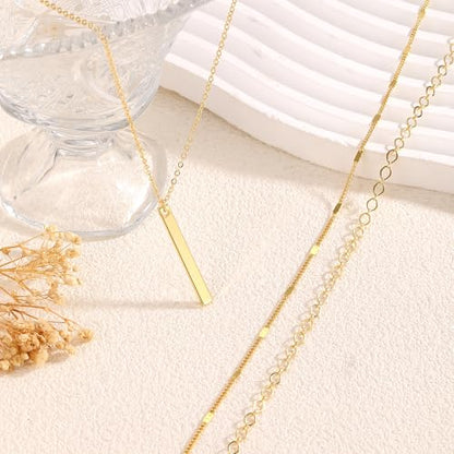 Gold Necklace for Women 14K Gold Plated Layered Cross Bar Necklace Herringbone Figaro Paperclip Flat Chain Cute Charm Accessories Non Tarnish Jewelry Set Gifts for Women - style: R-NK-07-Bar-GD