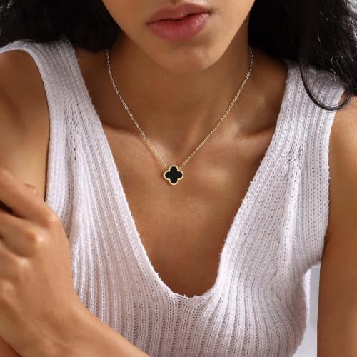 18K Gold Plated Lucky Clover Jewelry Set, Birthday Gifts for Women | Stainless Steel Hypoallergenic,Black White Red Four Leaf Clover Bracelet Necklace Earrings set, Daily Wear, Gifts for Women - color: Clover Set-Black