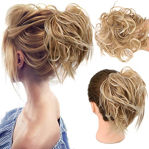 HMD Tousled Updo Messy Bun Hair Piece Ponytail Hairpieces for Women | Synthetic Hair Extension Ponytail with Elastic Rubber Band, Updo Hairpiece Hair Bun Scrunchies for Women Daily Party - color: 27T613(Honey Blonde Mix Bleach Blonde)