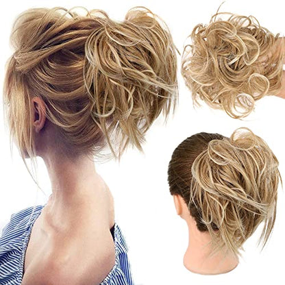 HMD Tousled Updo Messy Bun Hair Piece Ponytail Hairpieces for Women | Synthetic Hair Extension Ponytail with Elastic Rubber Band, Updo Hairpiece Hair Bun Scrunchies for Women Daily Party - color: 27T613(Honey Blonde Mix Bleach Blonde)