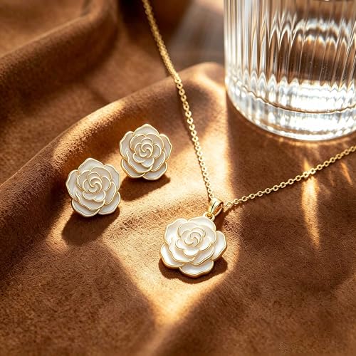 Enamel Rose Necklace and Earrings Jewelry Set for Women | 14K Gold Plated,Rose Represent: Love Gratitude Prid,Adjustable Chain Fit,Elegant Sets for Daily and Party Wear,Gift Box - color: White