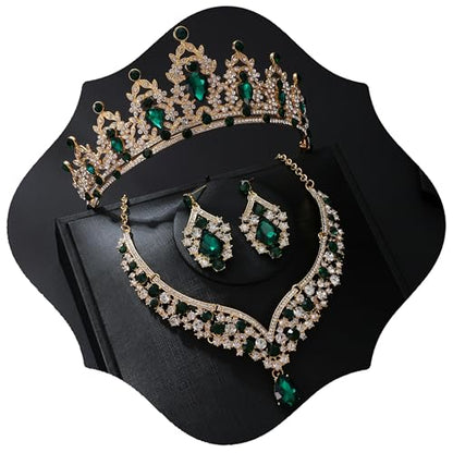 Tiaras and Crowns for Women,Tiaras Earrings Necklace, Crystal Bridal Jewelry Set - color: Green