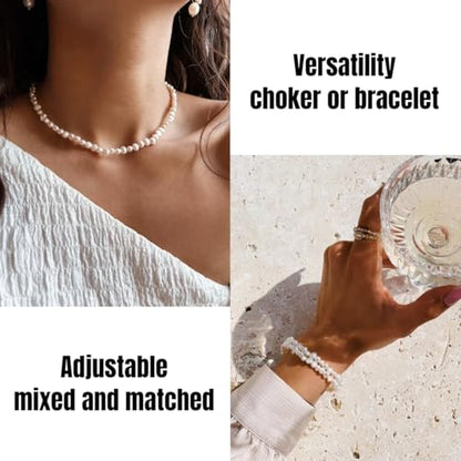 PEARLADA Turquoise Beaded Choker Necklace Chakra Stone Necklace Adjustable - color: White Freshwater Pearl 6-6.5mm