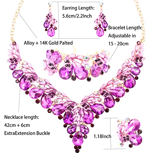 Jewelry Set for Women, Statement Necklace Dangle Earrings Bracelet Ring, White/KC Gold Plated Jewelry Set with Rhinestone Pearl Crystal Wedding Party Jewelry for Bridal Bridesmaid - color: Deep Purple-Gold Plated