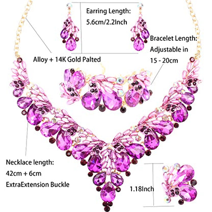 Jewelry Set for Women, Statement Necklace Dangle Earrings Bracelet Ring, White/KC Gold Plated Jewelry Set with Rhinestone Pearl Crystal Wedding Party Jewelry for Bridal Bridesmaid - color: Deep Purple-Gold Plated
