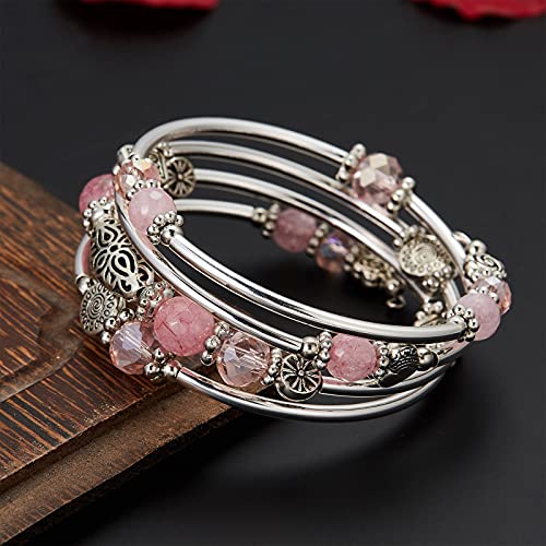 FULU AUTUMN Stackable Beaded Bracelets for Women Boho Wrap Silver Bracelet Layered Fashion Jewelry Gifts for Her - color: Pink