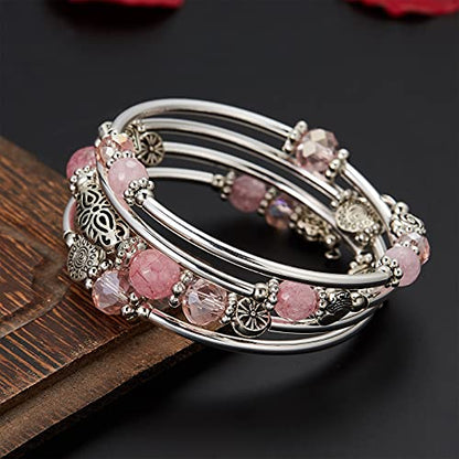 FULU AUTUMN Stackable Beaded Bracelets for Women Boho Wrap Silver Bracelet Layered Fashion Jewelry Gifts for Her - color: Pink