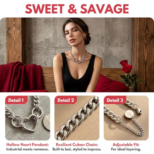 Punk O-Ring Choker Necklace for Women Men Non tarnish Chunky Stainless Steel Cuban Link Chain Collar Necklace Adjustable Goth Statement Jewelry Accessories - color: silver Heart ring