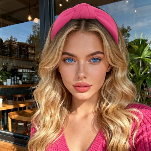 YISSION Hot Pink Knotted Headband Wide Headbands for Women Non Slip Head Band Fashion Top Knot Hairband Hair Accessories for Women Girls - color: Hot Pink