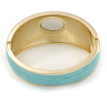 Aqua Blue Enamel Crystal Hinged Bangle Bracelet In Gold Plating - 18cm L