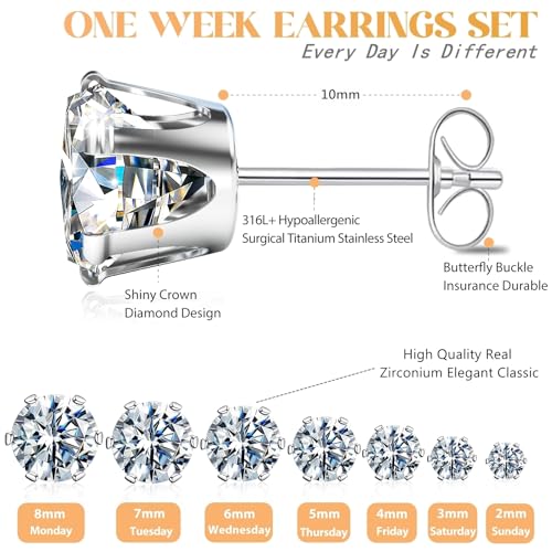 Silver Gold Black Stud Earrings Set 7Pairs Hypoallergenic Cubic Zirconia Titanium Stainless Steel Silver Rose Gold Black CZ Cartilage Stud Earrings Jewelry Sets for Women Men, 2-8mm CZ Stud Earrings - color: 7 Pairs Shiny Silver Stud Earrings