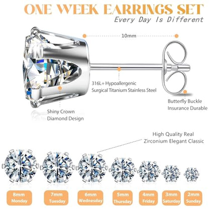 Silver Gold Black Stud Earrings Set 7Pairs Hypoallergenic Cubic Zirconia Titanium Stainless Steel Silver Rose Gold Black CZ Cartilage Stud Earrings Jewelry Sets for Women Men, 2-8mm CZ Stud Earrings - color: 7 Pairs Shiny Silver Stud Earrings