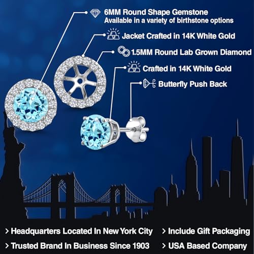 Gem Stone King 14K White Gold 6MM Round Gemstone Birthstone Stud Earrings with Removable Jackets and Lab Grown Diamond Accents | Gold Earrings For Women | Fine Jewelry Gift for Her Mom Women Wife - color: Apatite