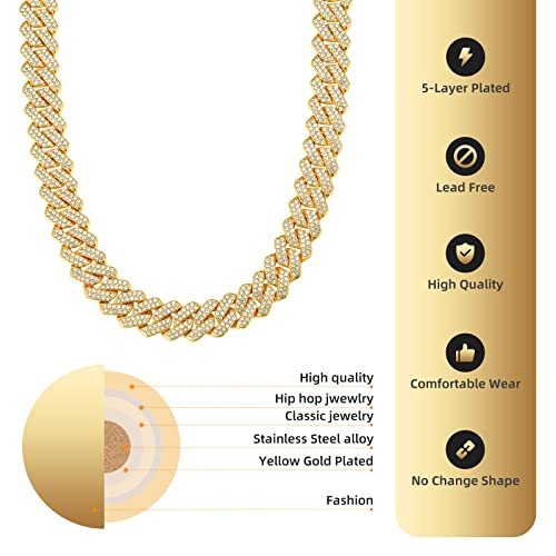 Mens Cuban Link Chain Miami Cuban Necklace 18K Gold Silver Chain For Men Women 14mm Iced Out Hip Hop Jewelry - color: 14K Yellow Gold, size: 20 inches