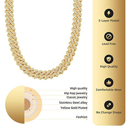 Mens Cuban Link Chain Miami Cuban Necklace 18K Gold Silver Chain For Men Women 14mm Iced Out Hip Hop Jewelry - color: 14K Yellow Gold, size: 24 inches