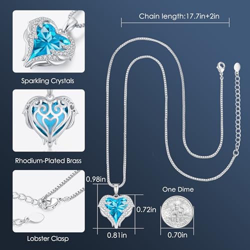 CDE Angel Wings Heart Birthstone Pendant Necklace Gift for Women | Silver/Gold Tone,Ideal Birthday & Anniversary Jewelry Gift for Wife,Girlfriend,Her - color: White-12a-Dec-Blue Zircon Birthstone