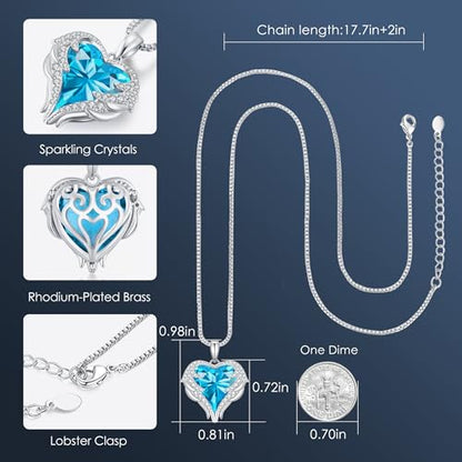 CDE Angel Wings Heart Birthstone Pendant Necklace Gift for Women | Silver/Gold Tone,Ideal Birthday & Anniversary Jewelry Gift for Wife,Girlfriend,Her - color: White-12a-Dec-Blue Zircon Birthstone