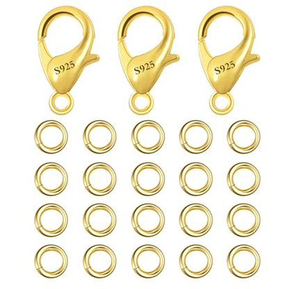 23Pcs Gold Lobster Claw Clasps 10mm with Open Jump Rings Jewelry Making Set | Small Spring Italian Clasps Lobster Claw Jump Rings Necklace Chains Connect Link Repair kit Supplies 925 Jewelry Findings - color: 23PcsA_Gold
