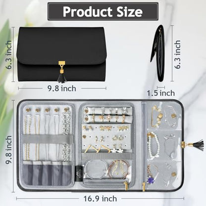 MATEIN Black Travel Jewelry Organizer, Vegan Leather Big Jewelry Rolls | Tangle-Free Necklace Holder, Clear Pockets, for Travel Daily Jewels Earrings Rings Bracelets, Elegant Gifts for Women - color: Black