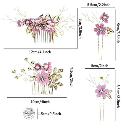 Cinaci 18 Pieces Bridal Wedding Party Prom Pearl Rhinestone Purple Flower Hair Side Combs Slides+U-shaped Flower Hair Pins+Twist Spiral Hairpins Floral Headpieces for Brides Bridesmaids Women Girls - color: Purple