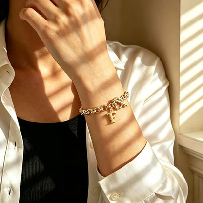 14K Gold Plated Stainless Steel A-Z Alphabet Letter Heart Bracelet | Non-Tarnish Dainty Charm with a Romantic Toggle Clasp Daily Fashion Jewelry, 7-inch Rolo Chain, Personalized Gift for Her - color: F