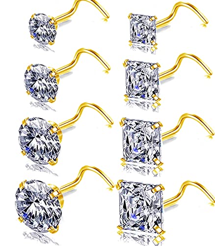 Nose Rings & Studs - 18g, 20g, 22g 14K Gold Bone Nose Studs for Women in Titanium Steel - color: 18g 8pcs Gold Screw Shaped 316L Surgical Steel