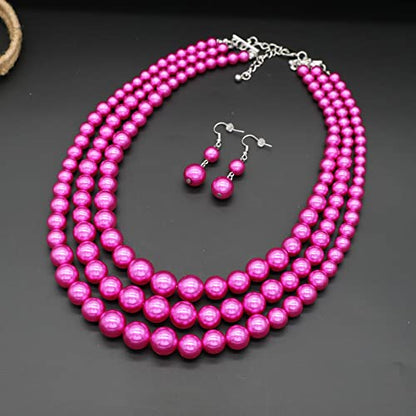 Chunky Layered Imitation Pearl Necklace for Women 3 strand Pearl Necklaces Faux Pearl Necklace Earrings Set 1920s Flapper Gatsby Costume Accessories - color: 3 strand pearl necklace Fuchsia