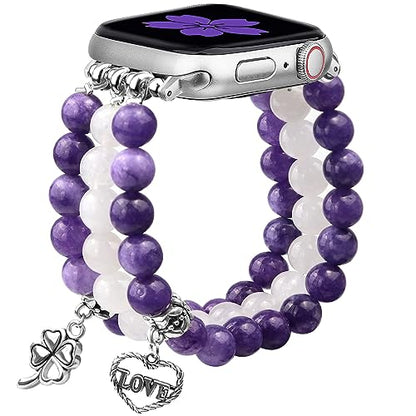 Newlibery Natural Stone Bracelet Beaded-Bands Women Compatible with Apple Watch 38mm 40mm 41mm 42mm (S10/11) Feminine Cute Handmade Stretch Strap for iWatch Series 11/10/9/8/7/6/5/4/3/2/1 SE 3/2/1 - color: A4 Amethyst Quartz, size: 38/40/41/42mm(s10/11)