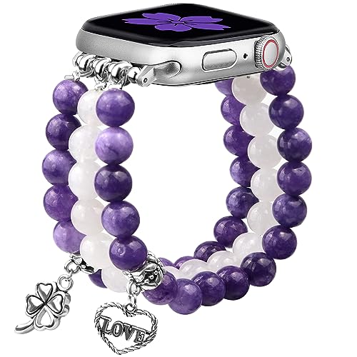 Newlibery Natural Stone Bracelet Beaded-Band Women Compatible with Apple Watch 42mm(S3/2/1) 44/45/46/49mm Feminine Handmade Stretch Strap for iWatch Series 11/10/9/8/7/6/5/4/3/2/1 SE 3/2/1 Ultra1/2/3 - color: A4 Amethyst Quartz, size: 46(s10/11)/49/45/44/