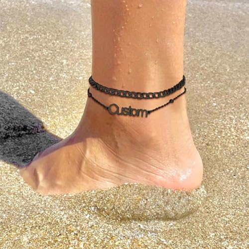 U7 Custom Layered Ankle Bracelets for Women Stainless Steel Bead/Cuban/Figaro/Rope/Wheat Chain Anklet Waterproof Anklet Jewelry for Beach Vacation - color: c-Black-Cuban Chain