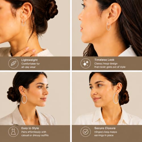 4/6 Pairs 14K Gold Plated Silver Hoop Earrings Set for Women Hypoallergenic | 30 40 50 60 mm, Lightweight Thin Hoops, 316L Surgical Stainless Steel for Sensitive Ears, Everyday Wear to Evening Outfits - color: 4 Pairs(30/40/50/60mm)-Silver
