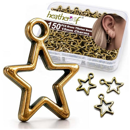 Heather's cf Star Charms for Jewelry Making Silver Tibetan Star Moon Snowflake Pendants Non Tarnish Metal Earring Charm for Bracelets Necklaces Earrings DIY Jewelry Making Supplies - color: Brass Star - 150Pc