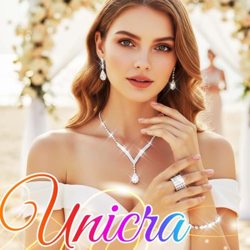 Bridal Wedding Jewelry Set Silver Rhinestone Necklace Earrings Sets Formal Costume Jewelry for Women and Brides - color: C-4 Pack Gold Necklace Bracelet Rings Earrings