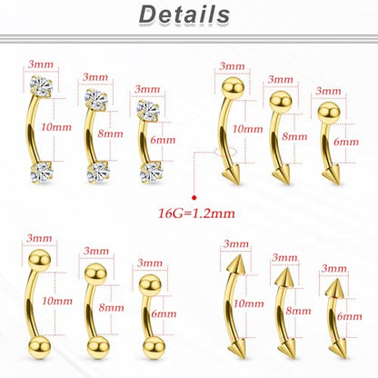 16G Eyebrow Rings Rook Piercing Jewelry 316L Surgical Steel Curved Barbells Vertical Lip labret Snake Eyes Piercing Jewelry Tongue Small Belly Ring 6mm 8mm 10mm Silver Black Gold - color: Gold