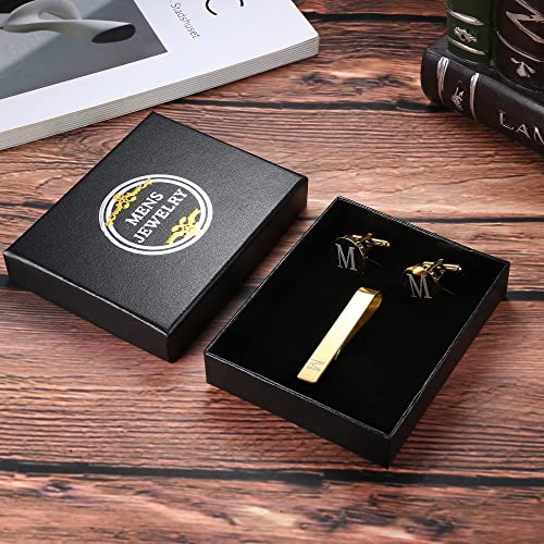 LOYALLOOK Black Initial Cufflinks and Tie Clip Set for Men Personalized Copper Cuff links and Tie Bar Letter Alphabet A-Z Gift for Father Husband Valentine Gifts for Men - color: M