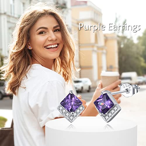 Birthstone Stud Earrings Sterling Silver Square Created Crystal Earrings Cubic Zirconia Hypoallergenic Piercing Jewelry Small Gifts for Women Mothers - color: Feb-Amethyst