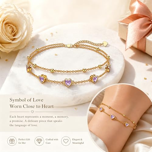 Midari 18K Yellow Gold Gemstone Birthstone Anklet Bracelet Heart Jewelry with 12 Months Birthstone Birthday Gifts for Women Wife Her Daughter Mom - color: 06-Light Violet, size: Bracelet 7"-9"