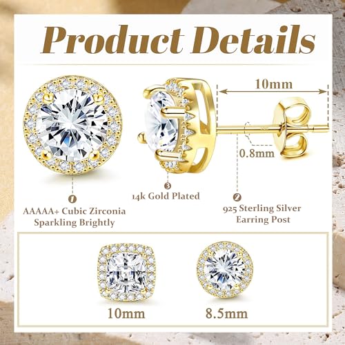 18K Gold Plated Halo Stud Earrings 925 Sterling Silver Cubic Zirconia Stud Earrings Round Square Diamonique Stud Earrings Set for Women Men - color: Gold